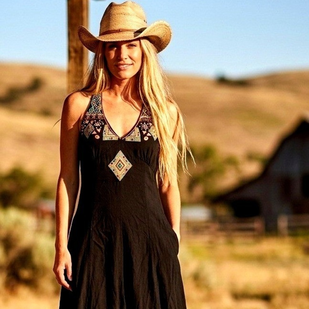 Free Style Embroidered Beaded Halter Midi Dress Womens Medium Boho Festival